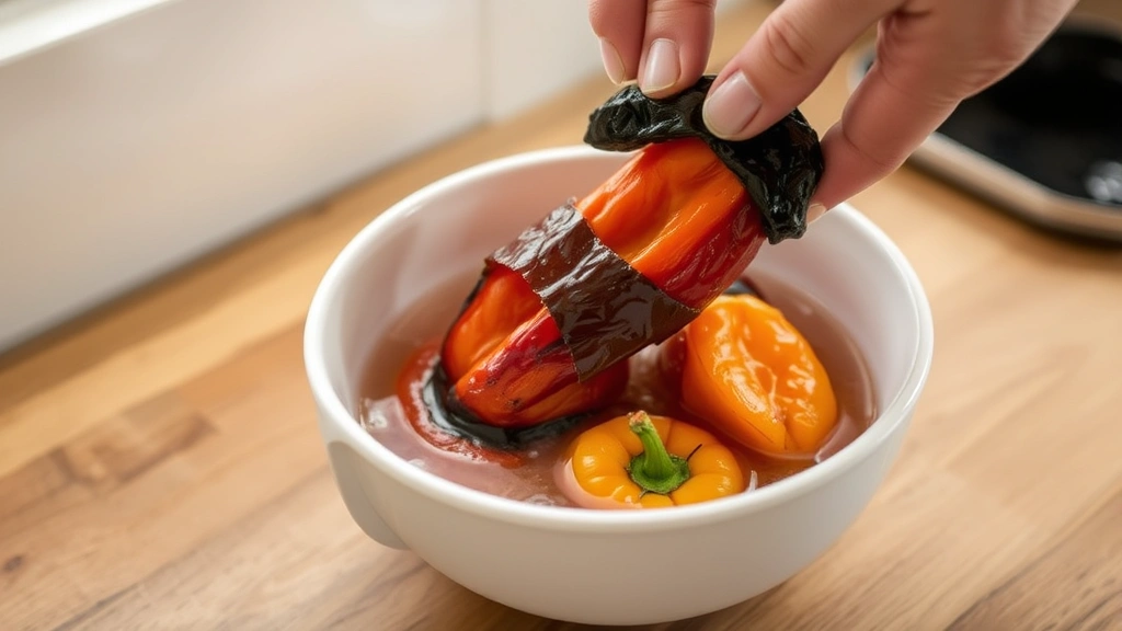 process: hands peeling charred skin off roasted Hatch peppers over a white bowl, steam rising, natural kitchen lighting, no text or watermarks