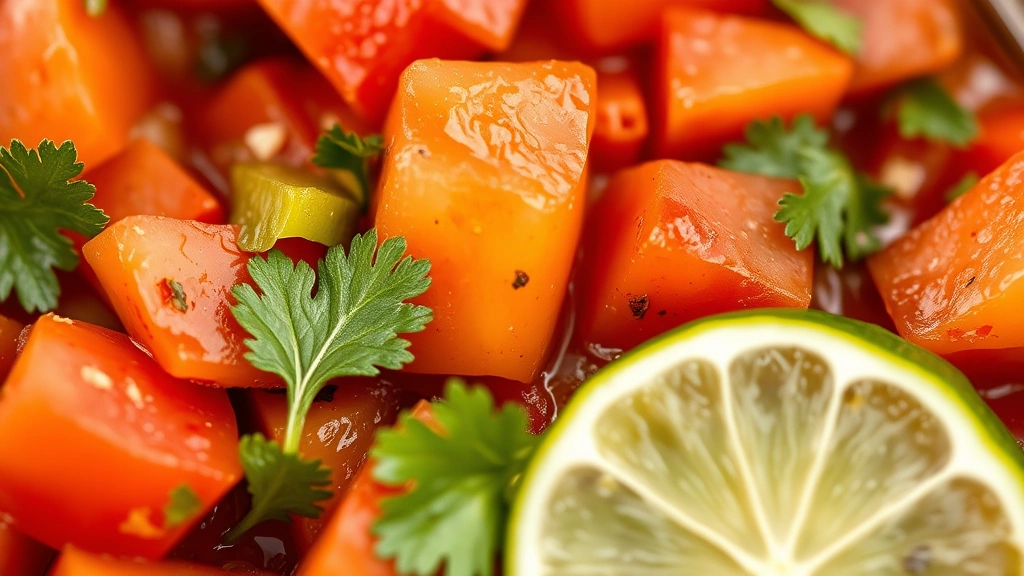 detail: close-up macro shot of chunky fresh salsa showing roasted Hatch pepper pieces, diced tomatoes, cilantro leaves, and lime juice, shallow depth of field, natural light, no text or watermarks