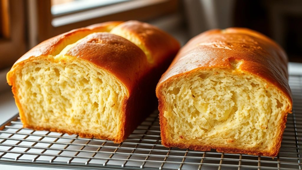 hero: two golden-brown Hawaiian bread loaves cooling on wire rack, sliced to show soft interior crumb, pineapple juice glaze visible, natural window light, close-up detail, photorealistic, no text