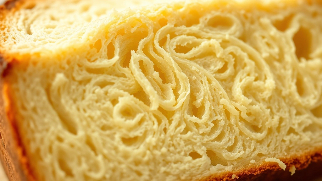 detail: close-up cross-section of sliced Hawaiian bread showing fine tender crumb structure, golden interior, soft texture visible, buttered slice, warm natural lighting, photorealistic, no text