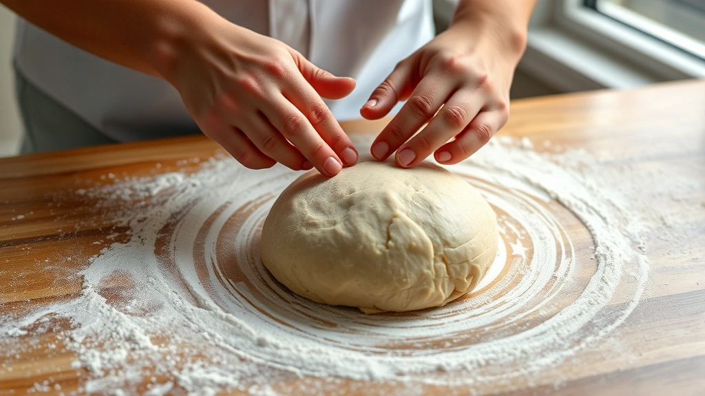 process: hands shaping dough into smooth ball on flour-dusted countertop, close action shot, natural window light, photorealistic, no text
