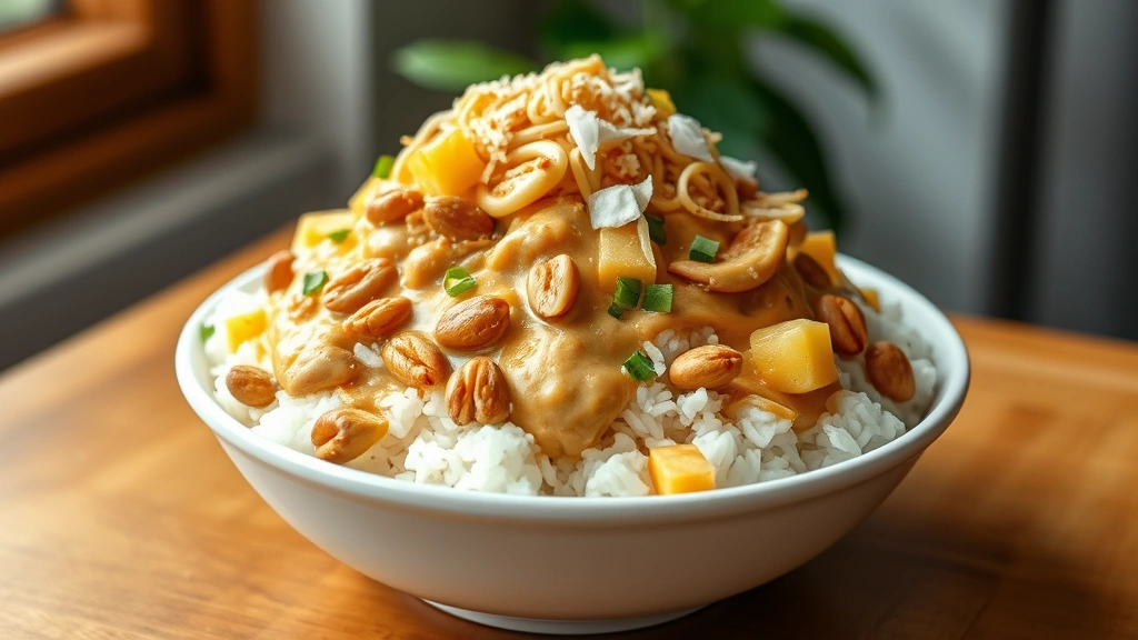 hero: Hawaiian Haystack bowl with fluffy white rice topped with creamy chicken sauce, colorful toppings including macadamia nuts, shredded coconut, chow mein noodles, and pineapple chunks, natural window light, wooden table, appetizing and inviting, no text