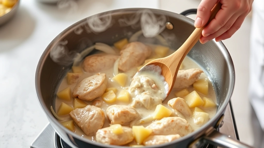 process: large skillet with chicken and creamy pineapple sauce simmering, steam rising, onions and pineapple chunks visible, chef's hand stirring with wooden spoon, warm kitchen lighting, no text