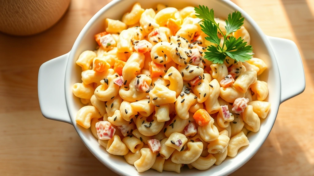 hero: Hawaiian mac salad in white serving bowl, creamy pale yellow pasta with visible red onion and carrot pieces, garnished with black sesame seeds and fresh parsley, photographed from above on bright wooden table with natural window light, no text visible