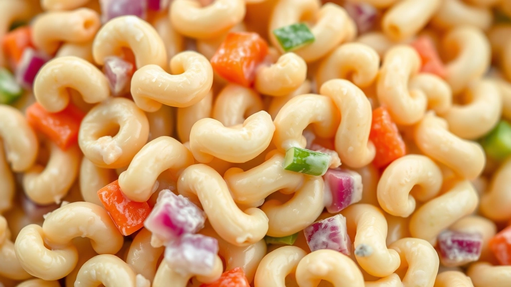 detail: close-up of Hawaiian mac salad showing individual elbow pasta pieces coated in creamy dressing with visible red onion, carrot, and celery pieces, macro photography with shallow depth of field, natural soft light, no text