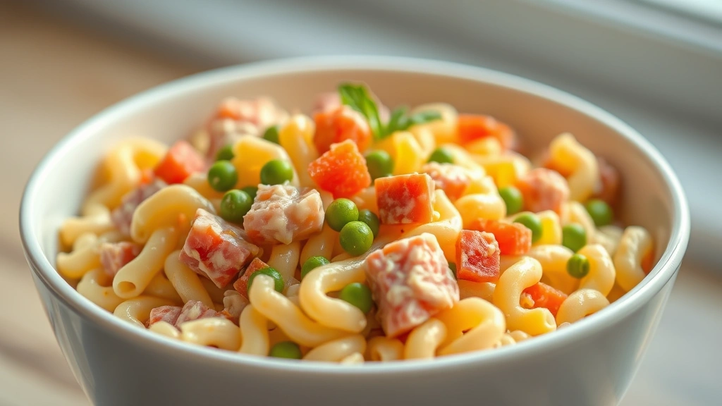hero: Hawaiian macaroni salad in a white ceramic bowl, creamy and colorful with visible ham, carrots, and peas, photorealistic, natural daylight from window, no text, shallow depth of field