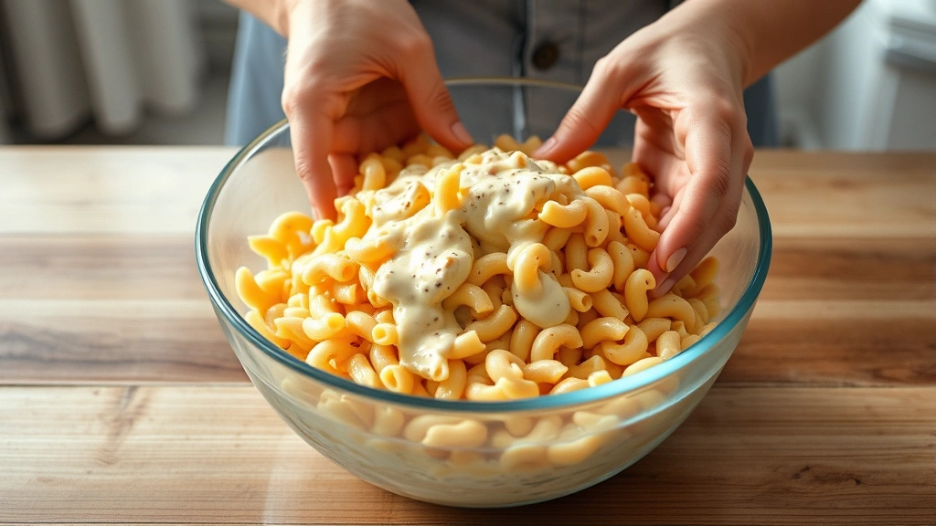 process: hands tossing warm macaroni pasta with creamy dressing in large mixing bowl, photorealistic, natural kitchen lighting, steam visible, no text