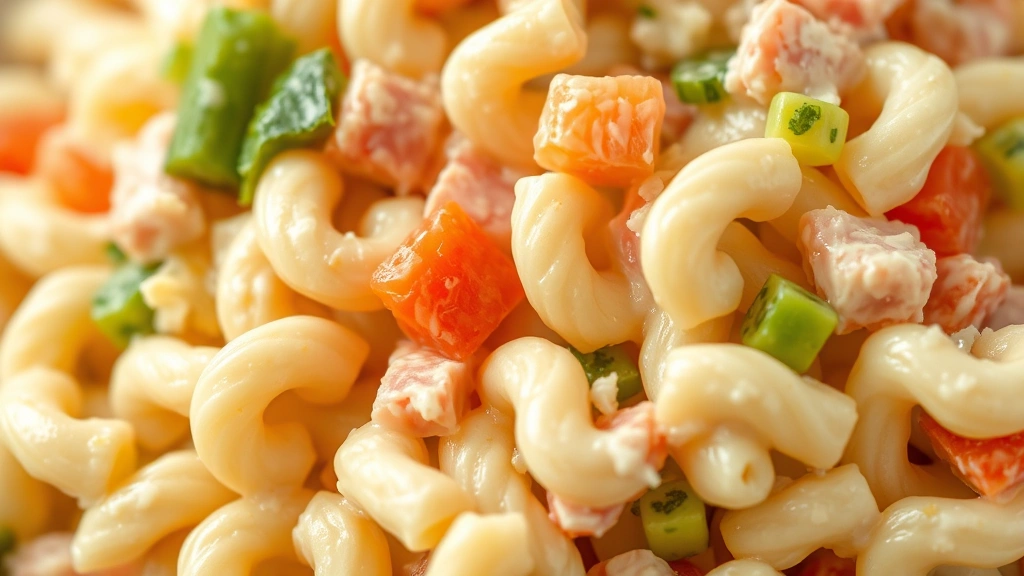 detail: close-up macro shot of Hawaiian macaroni salad showing texture of creamy coating, individual pasta pieces, diced vegetables and ham, photorealistic, natural light, no text