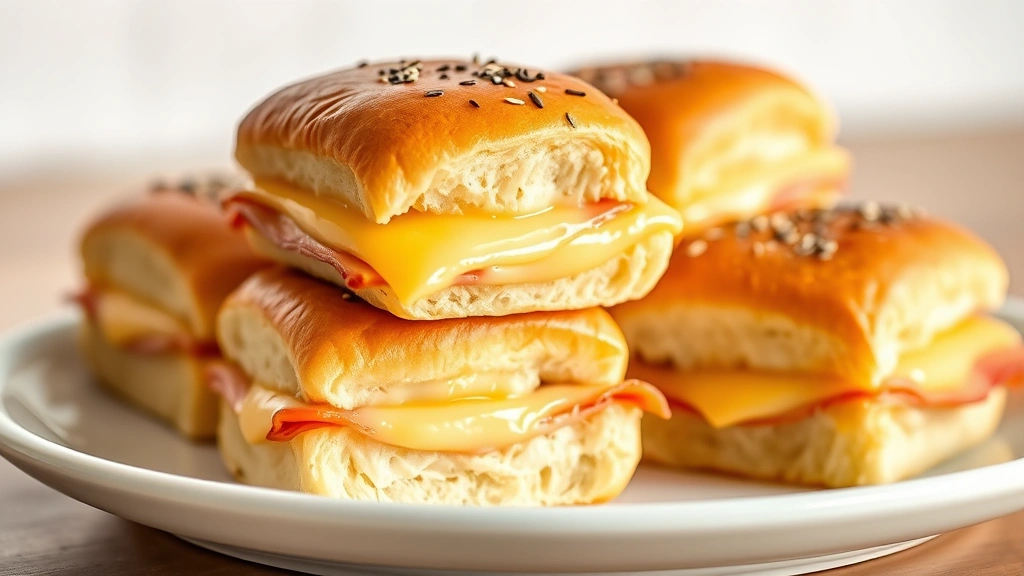 hero: golden-brown ham and cheese sliders stacked on Hawaiian rolls, fresh from oven, melted cheese visible, poppy seeds on top, warm inviting lighting, white plate, no text