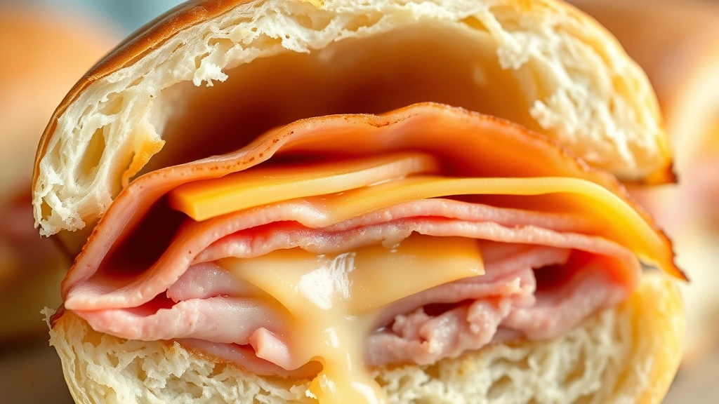 detail: close-up cross-section of single ham slider showing layers of ham, melted Swiss and cheddar cheese, soft Hawaiian roll interior, golden exterior, shallow depth of field, no text