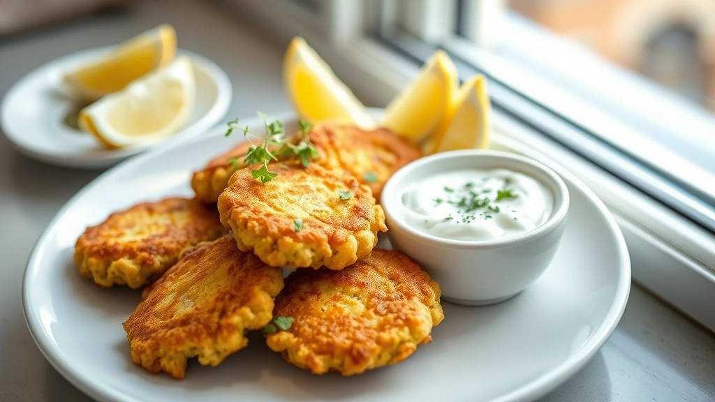 hero: golden crispy chickpea fritters on a white plate with herbed yogurt dip in a small white bowl, fresh lemon wedges and microgreens garnish, natural daylight from window, shallow depth of field, appetizer styling