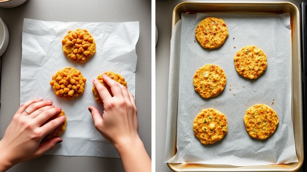 process: hands forming chickpea mixture into patties on parchment paper, baking sheet with formed fritters, natural kitchen lighting, overhead angle, cooking in progress