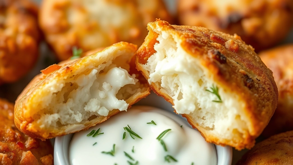 detail: close-up of single golden fritter cut in half showing crispy exterior and creamy interior, dollop of herbed yogurt dip with dill garnish, natural light, macro photography
