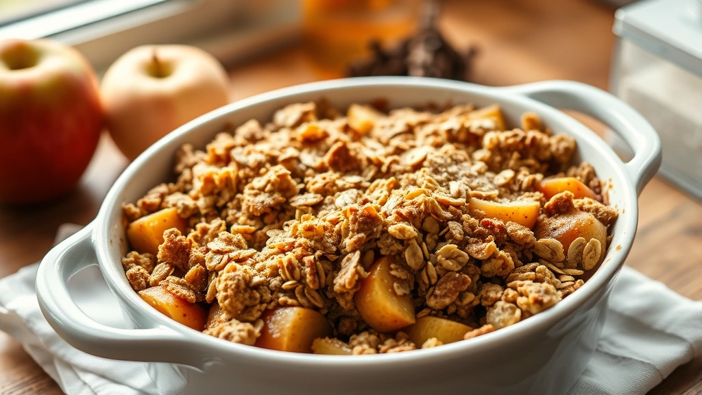 hero: golden-brown apple crisp in white ceramic dish, warm cinnamon-spiced apples visible beneath crispy oat topping, steam rising, served on farmhouse wooden table with napkin, natural window light, rustic preppy aesthetic, sharp focus
