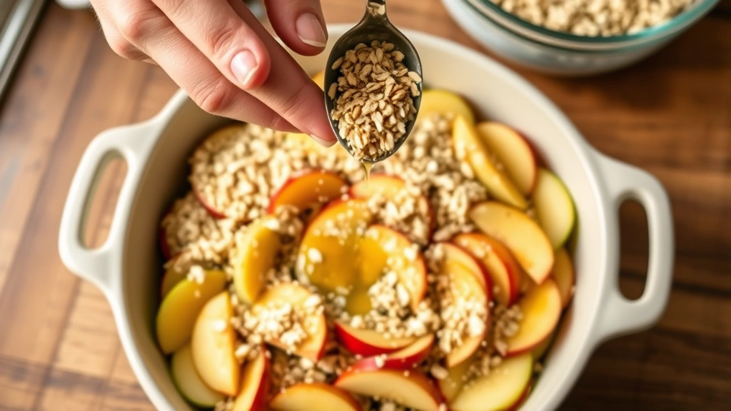 process: hands sprinkling oat topping mixture over sliced apples in baking dish, golden butter dripping from spoon, overhead shot, natural kitchen lighting, bowl of oat mixture visible in background, warm inviting tones