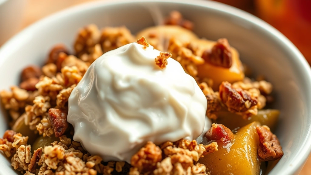 detail: close-up of baked apple crisp showing golden crispy oat topping with chunks of nuts, cinnamon-spiced apple filling oozing from edges, served in white bowl with Greek yogurt dollop, shallow depth of field, warm golden hour lighting, steam wisping upward