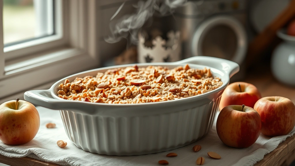 hero: warm apple crumble in white ceramic dish, golden-brown oat topping with visible almond pieces, steam rising, scattered fresh apples beside dish, soft window light, cozy kitchen setting, no text