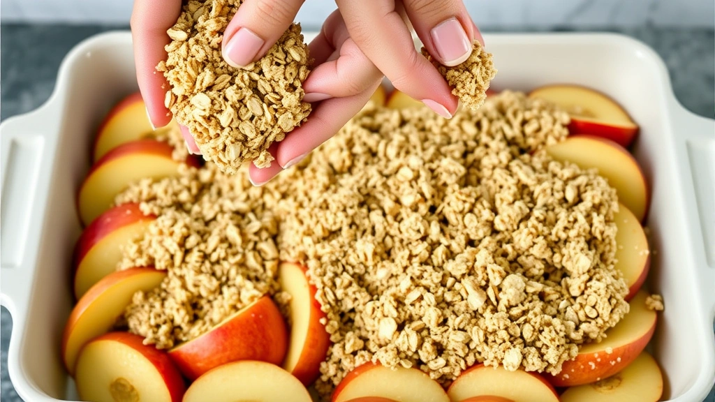 process: hands sprinkling oat crumble mixture over sliced apples in baking dish, showing texture of topping, golden coconut oil glistening, natural daylight, no text