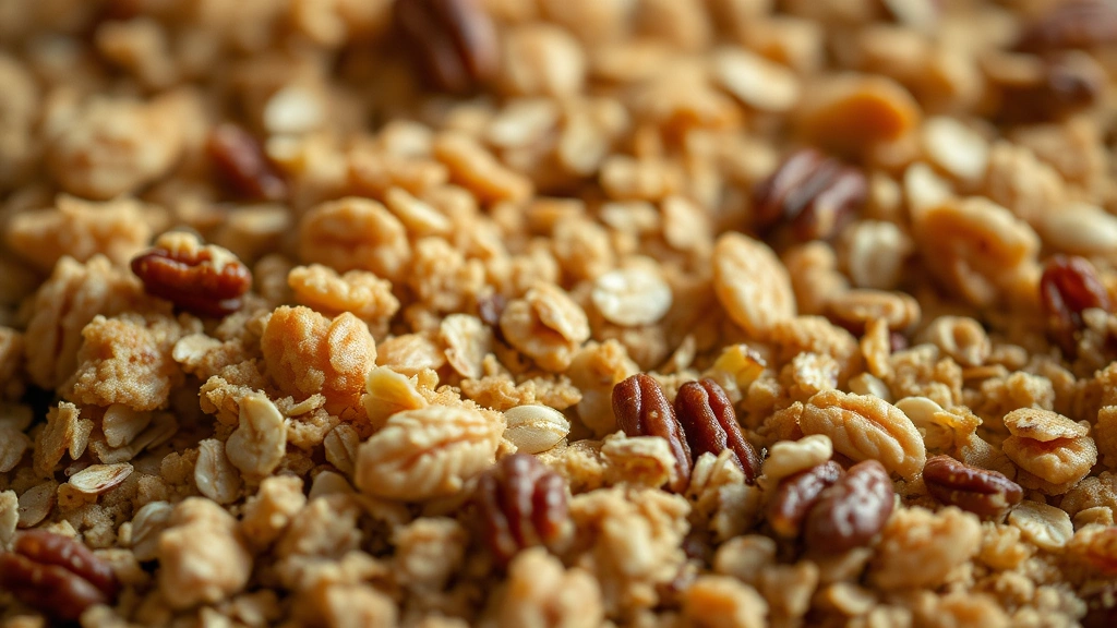 detail: close-up of baked crumble topping showing crispy oats, toasted nuts, and caramelized edges, shallow depth of field, warm golden tones, no text