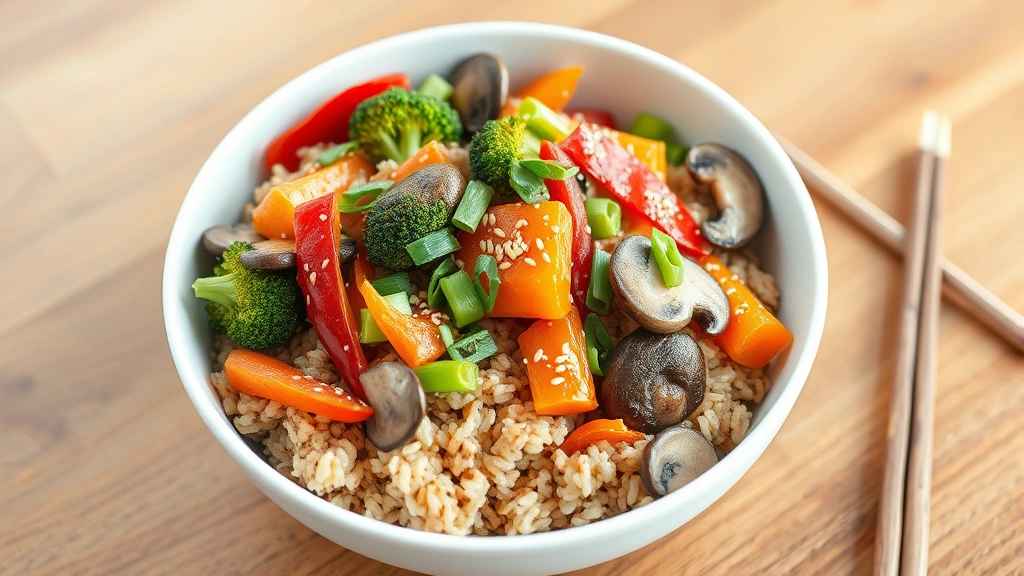 hero: vibrant healthy Asian stir-fry in white bowl with brown rice, colorful vegetables (broccoli, red bell pepper, snap peas, carrots, mushrooms), sesame seeds and green onions garnish, chopsticks beside bowl, natural daylight from left, wooden table background, no text or logos