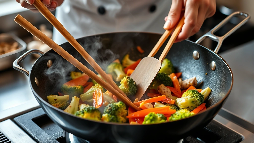 process: hands using wooden chopsticks or spatula stirring vegetables in hot wok with steam rising, visible sear marks on broccoli and carrots, garlic and ginger visible, professional kitchen setting, natural light, no text