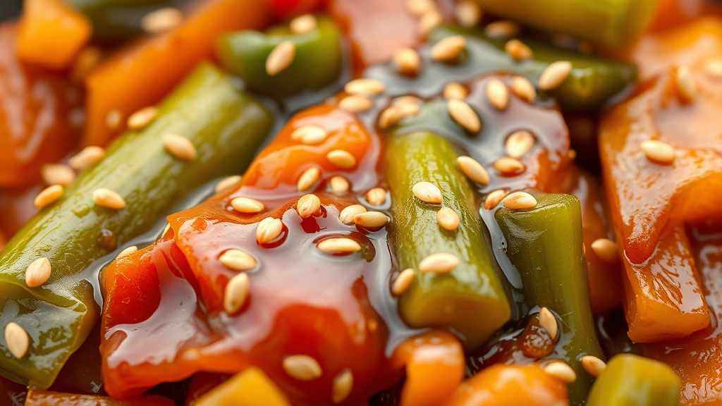 detail: close-up macro shot of glossy stir-fry sauce coating vegetables, individual sesame seeds visible, glistening proteins and vibrant vegetable colors, shallow depth of field, natural lighting, no text