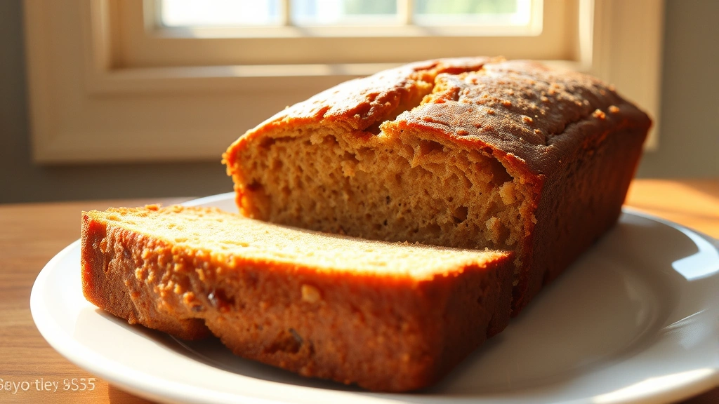 hero: sliced healthy banana bread loaf on white plate, natural sunlight from window, moist crumb visible, warm golden-brown color, no text or watermarks