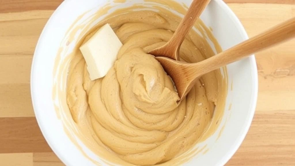 process: mixing banana bread batter in white bowl with wooden spoon, ingredients visible, natural kitchen lighting, overhead angle, no text