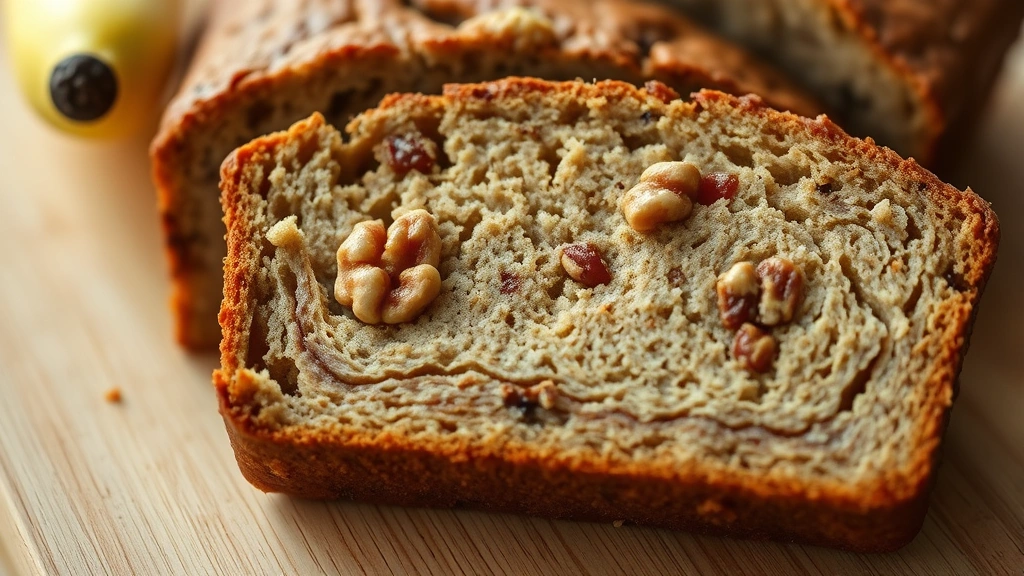 detail: close-up of banana bread slice cross-section showing moist texture and walnuts, shallow depth of field, natural light, no text