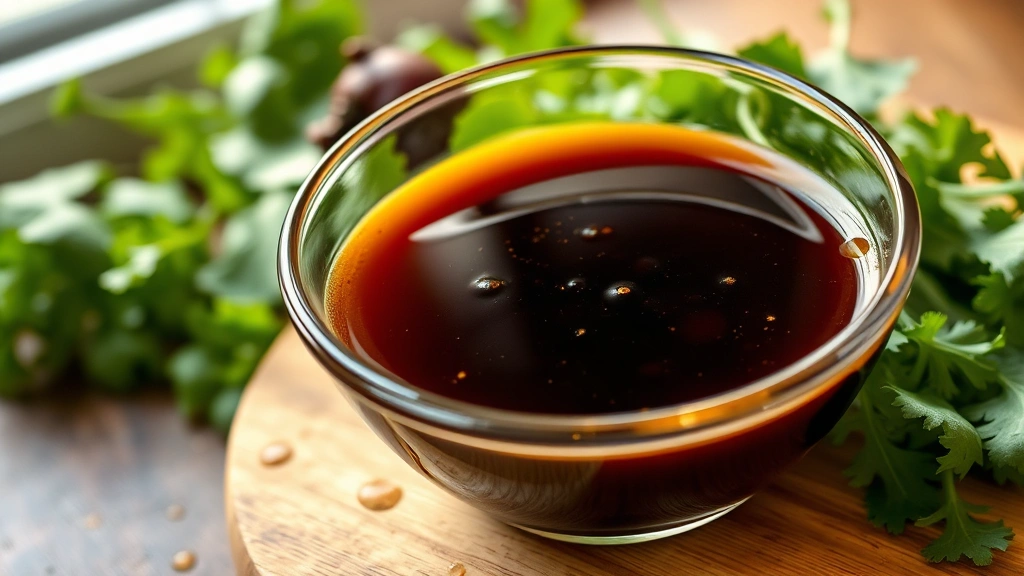 hero: glossy balsamic vinaigrette in a glass bowl with fresh green salad in background, golden olive oil glistening, photorealistic, natural window light, no text