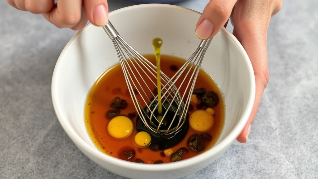 process: hands whisking balsamic vinaigrette ingredients in a white ceramic bowl, olive oil streaming in, photorealistic, natural light, no text