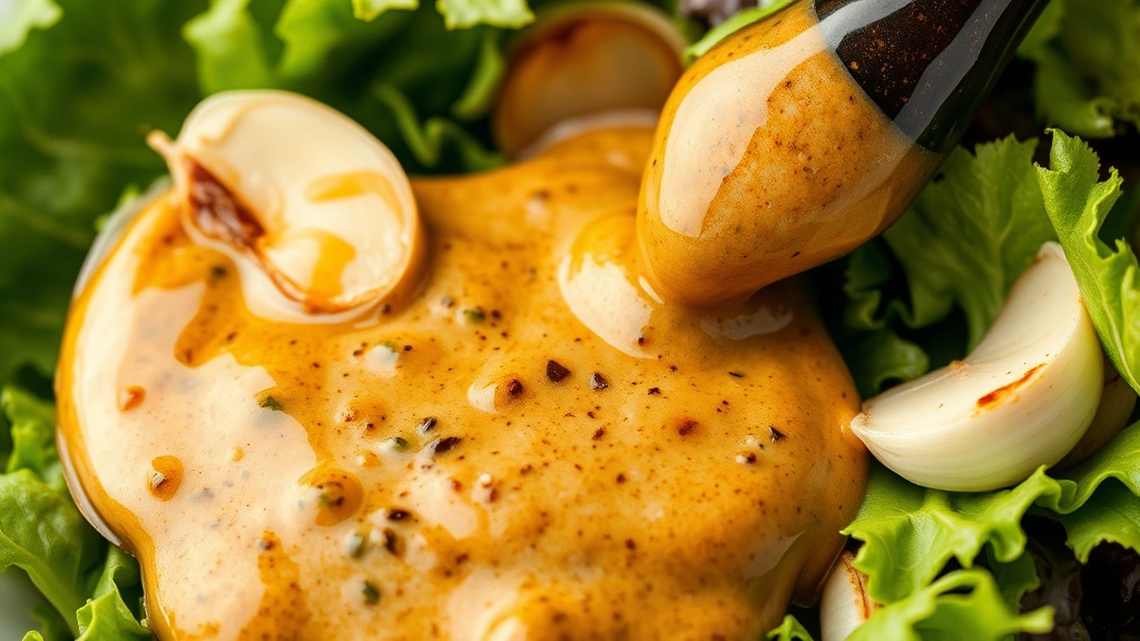 detail: close-up of creamy emulsified balsamic vinaigrette coating fresh salad greens with garlic cloves and balsamic vinegar bottle visible, photorealistic, natural light, no text