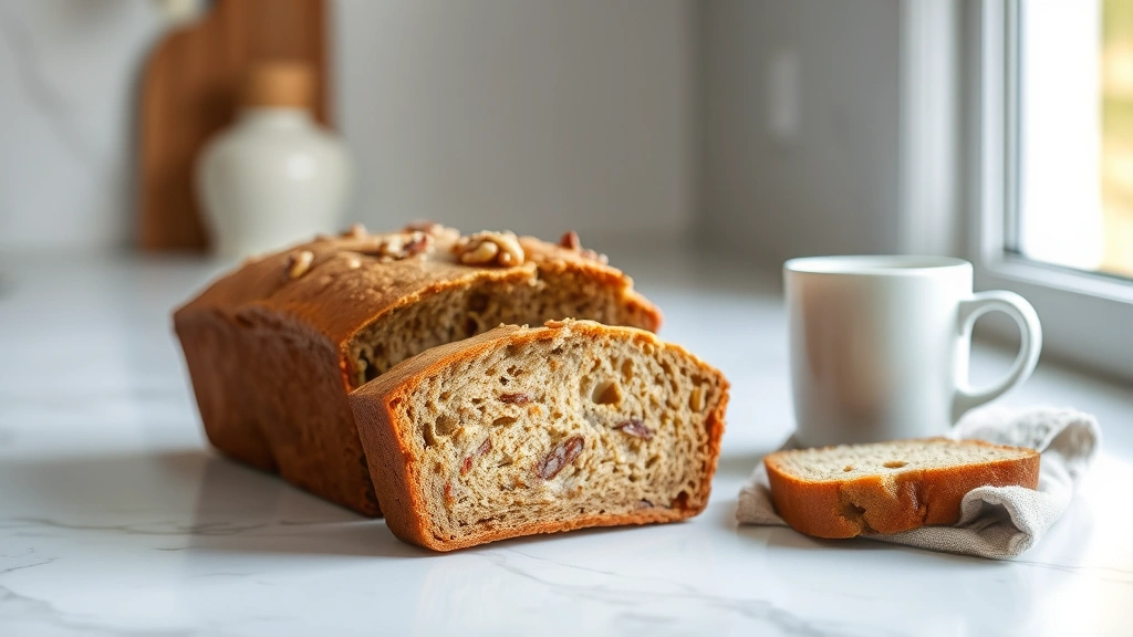 hero: freshly baked healthy banana bread loaf, golden brown, sliced in half showing moist interior, walnuts visible, on white marble countertop, natural window light, styled with coffee cup and napkin