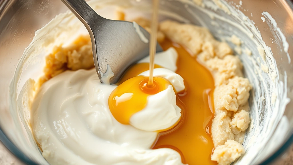 process: close-up of mixing wet ingredients in bowl with spatula, mashed bananas and Greek yogurt visible, golden honey drizzling in, warm kitchen lighting
