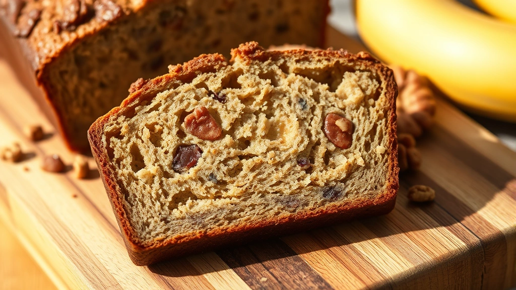 detail: cross-section slice of banana bread on wooden cutting board, showing tender crumb structure, walnut pieces, moist texture, warm afternoon light