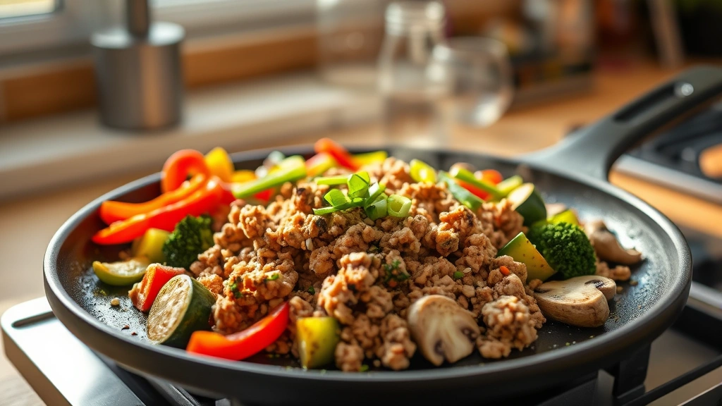 hero: colorful Blackstone griddle with perfectly cooked ground turkey, vibrant bell peppers, zucchini, broccoli and mushrooms, steam rising, fresh green onions and sesame seeds garnish, warm natural daylight through kitchen window, shallow depth of field, appetizing and inviting composition