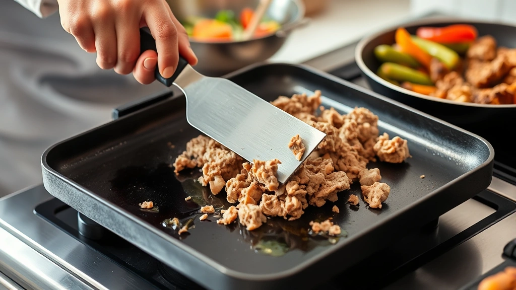 process: hands using metal griddle scraper to break apart ground turkey on hot Blackstone, vegetables cooking in background, golden-brown meat, oil sizzling, action shot capturing cooking technique, natural kitchen lighting, professional but homey feel