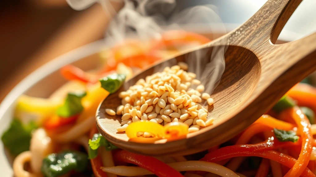 detail: close-up macro shot of finished dish with sesame seeds on top, vibrant vegetable colors clearly visible, steam wisps, wooden serving spoon in frame, warm sunlight creating shadows and highlights, food photography style, professional plating arrangement