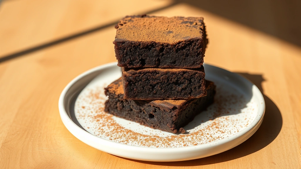 hero: stack of three fudgy dark brownies on a white ceramic plate, dusted with cocoa powder, rich chocolate color, soft afternoon sunlight creating shadows, wooden surface background, photorealistic, no text