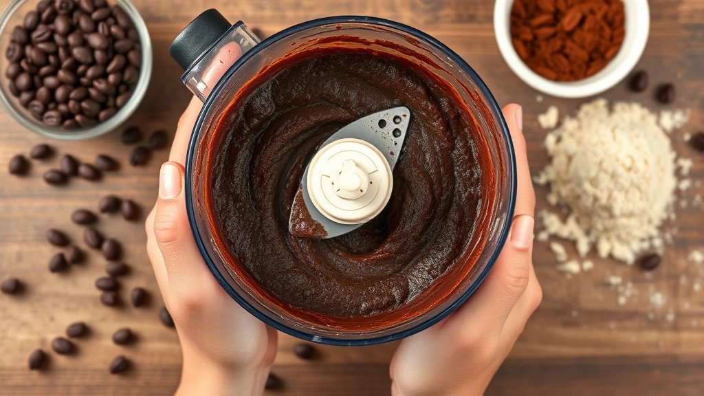 process: hands holding a food processor filled with black bean brownie batter, vibrant dark brown mixture visible, ingredients scattered around including cocoa powder and almond flour, overhead shot, photorealistic, natural lighting, no text