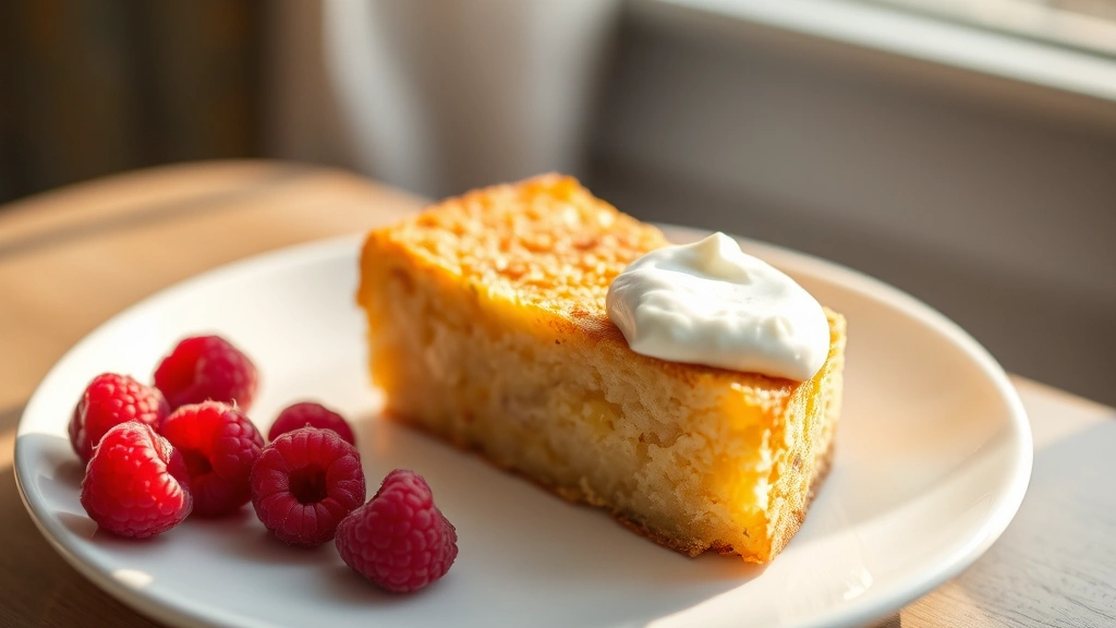 hero: golden healthy cake slice on white plate with fresh raspberries and Greek yogurt dollop, warm afternoon sunlight from left, shallow depth of field, minimalist styling