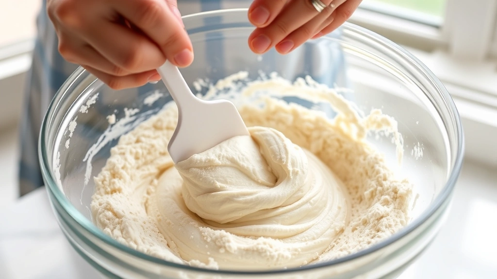 process: hands folding cake batter with spatula in glass bowl, flour mixture visible, natural window light, close perspective showing technique detail
