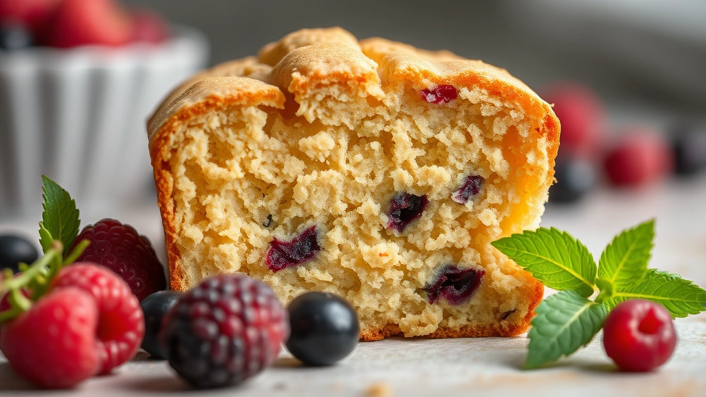 detail: close-up cross-section of baked healthy cake showing tender crumb structure and moist texture, fresh berries scattered nearby, macro photography with natural lighting