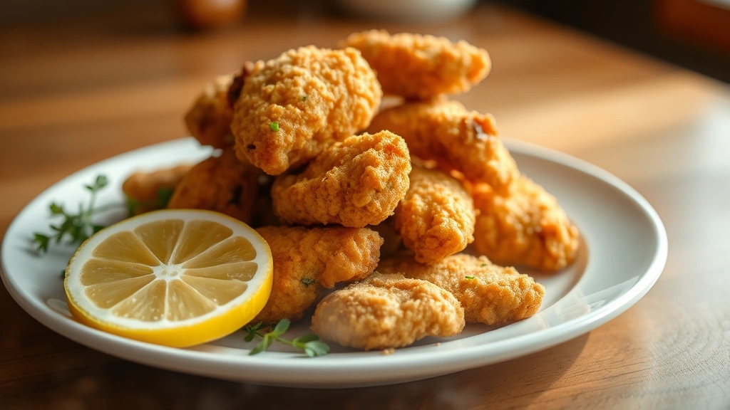 hero: golden brown crispy chicken tenders piled on white plate with lemon wedges and fresh herbs, warm natural window light, shallow depth of field, appetizing steam visible