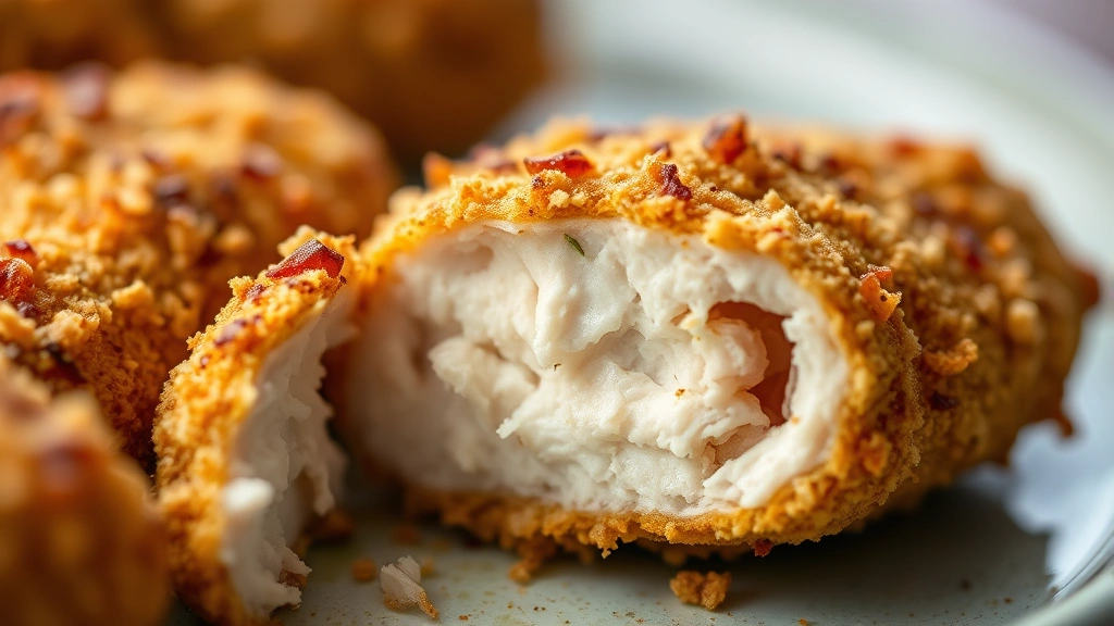 detail: close-up of single baked chicken tender showing crispy golden panko crust and juicy interior, cut in half to show texture, natural lighting, macro photography, shallow focus