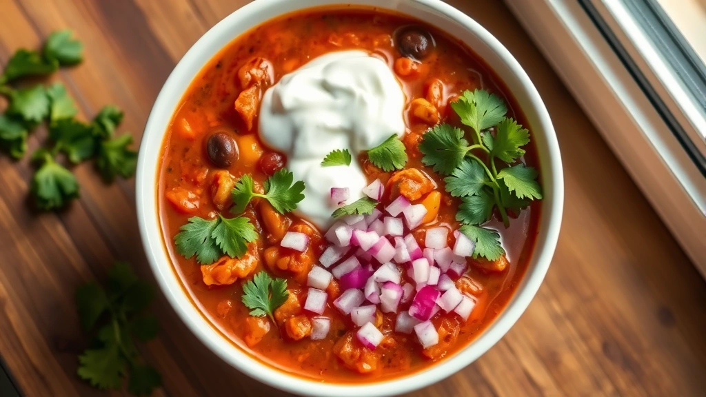 hero: vibrant healthy chili in white bowl with fresh cilantro, diced red onion, and Greek yogurt dollop, warm natural light from side window, flat lay composition, no text, professional food photography