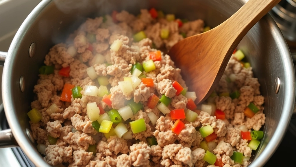 process: ground turkey browning in large pot with diced peppers and onions, steam rising, wooden spoon visible, natural kitchen light, action shot, no text