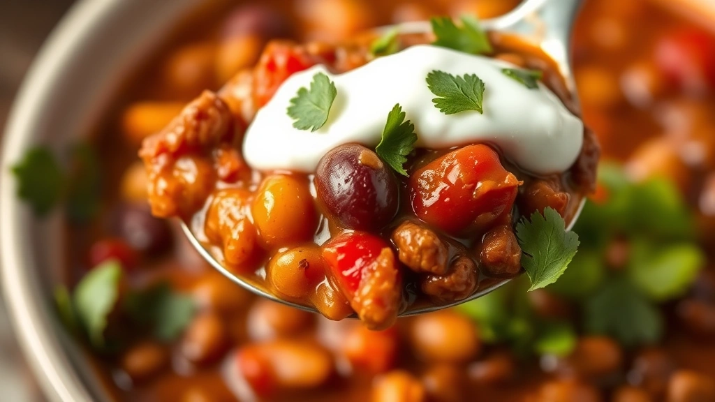 detail: close-up spoonful of chili with visible beans, tomatoes, and meat pieces, creamy Greek yogurt topping, fresh cilantro garnish, shallow depth of field, warm natural light, no text