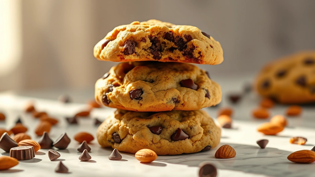 hero: stack of three golden-brown chocolate chip cookies with melted dark chocolate and almond pieces visible, placed on white marble surface with scattered chocolate chips and almonds around, warm natural sunlight streaming from left side, shallow depth of field