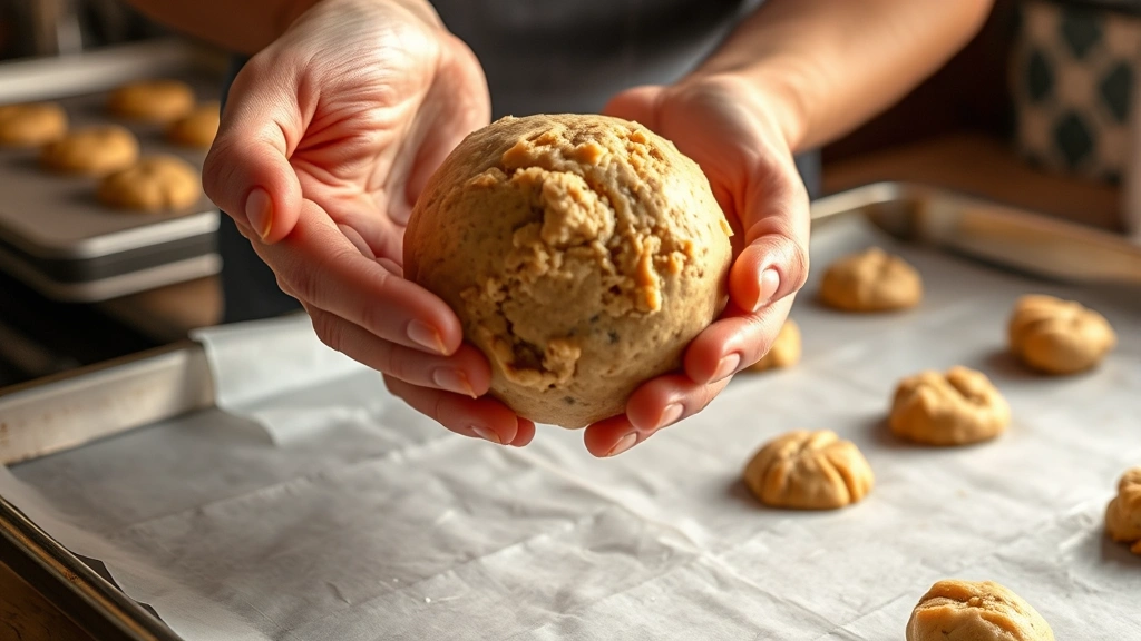 process: hands holding dough ball over parchment-lined baking sheet, dropping cookie dough, golden baking sheets visible, warm kitchen lighting, steam slightly visible